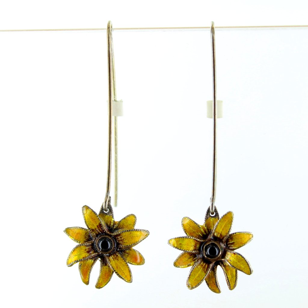 Brass And Enamel Yellow Flower Earrings